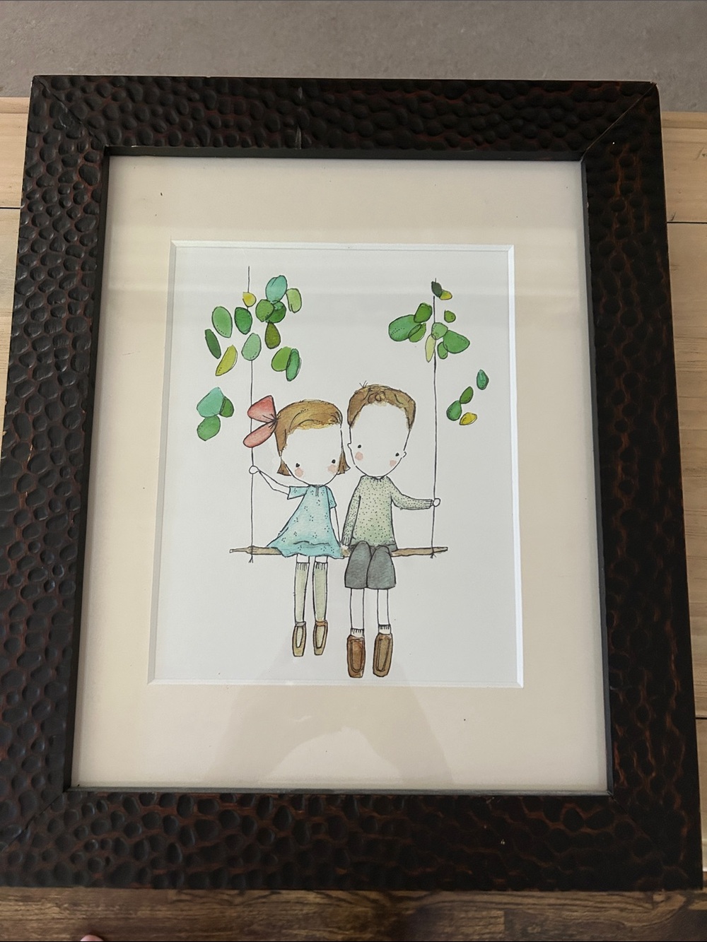 Framed Children on Swing Wall Art - Brown Frame, Green Accents